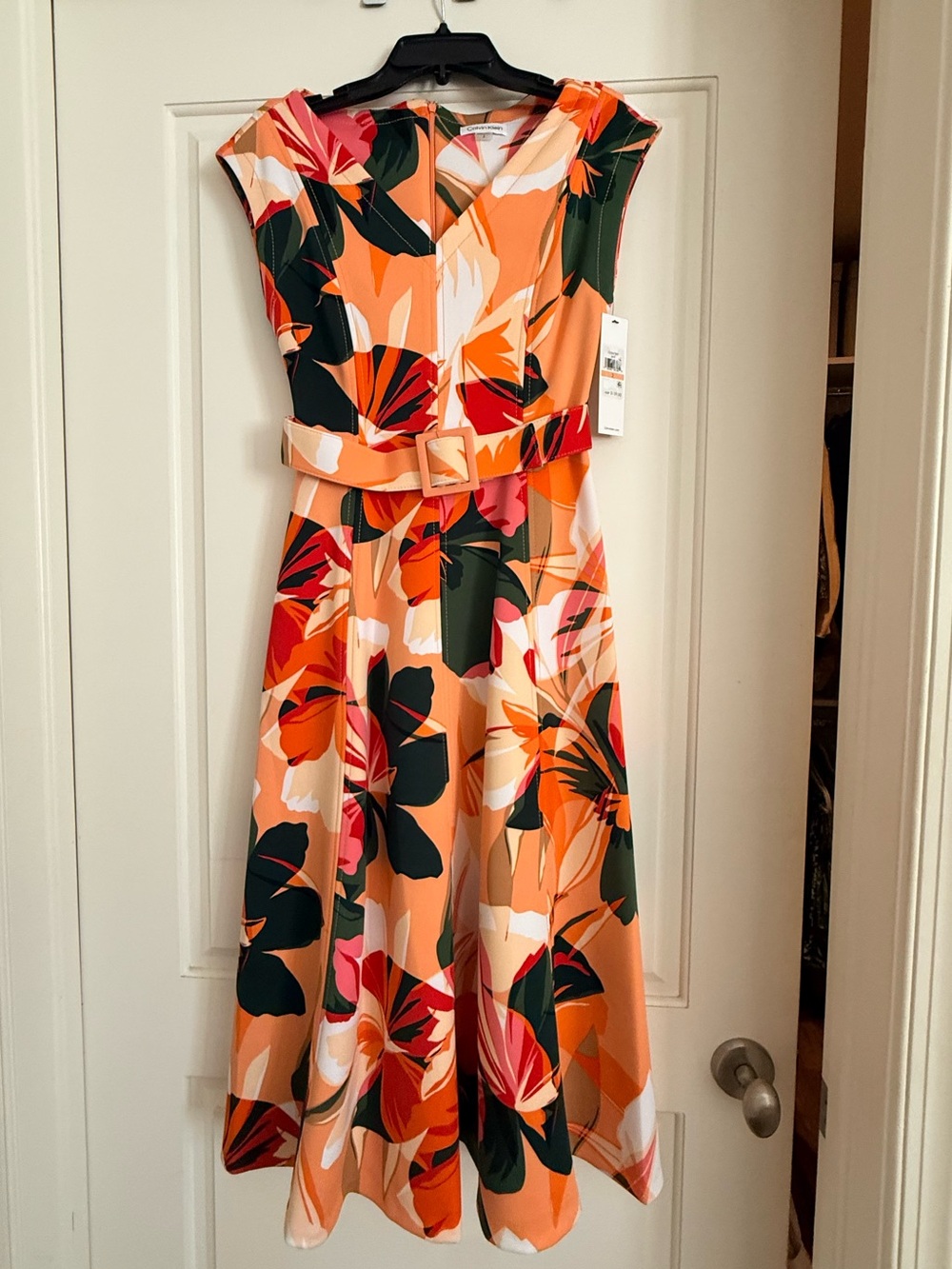 Calvin Klein Peach Floral Midi Dress with Belt